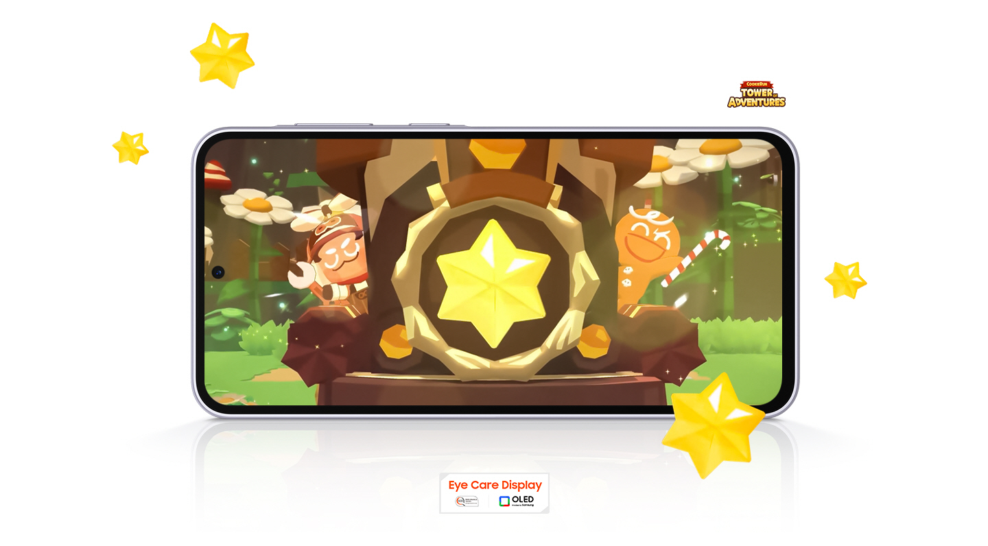 Vemos um Galaxy A36 5G posicionado horizontalmente com o jogo Cookie Run: Tower of Adventures na tela. Ícones de itens do jogo aparecem ao redor da tela. O logotipo do jogo aparece no canto superior direito. Texto "Eye Care Display", selo de desempenho SGS e logotipo da tecnologia OLED aparecem na parte inferior.