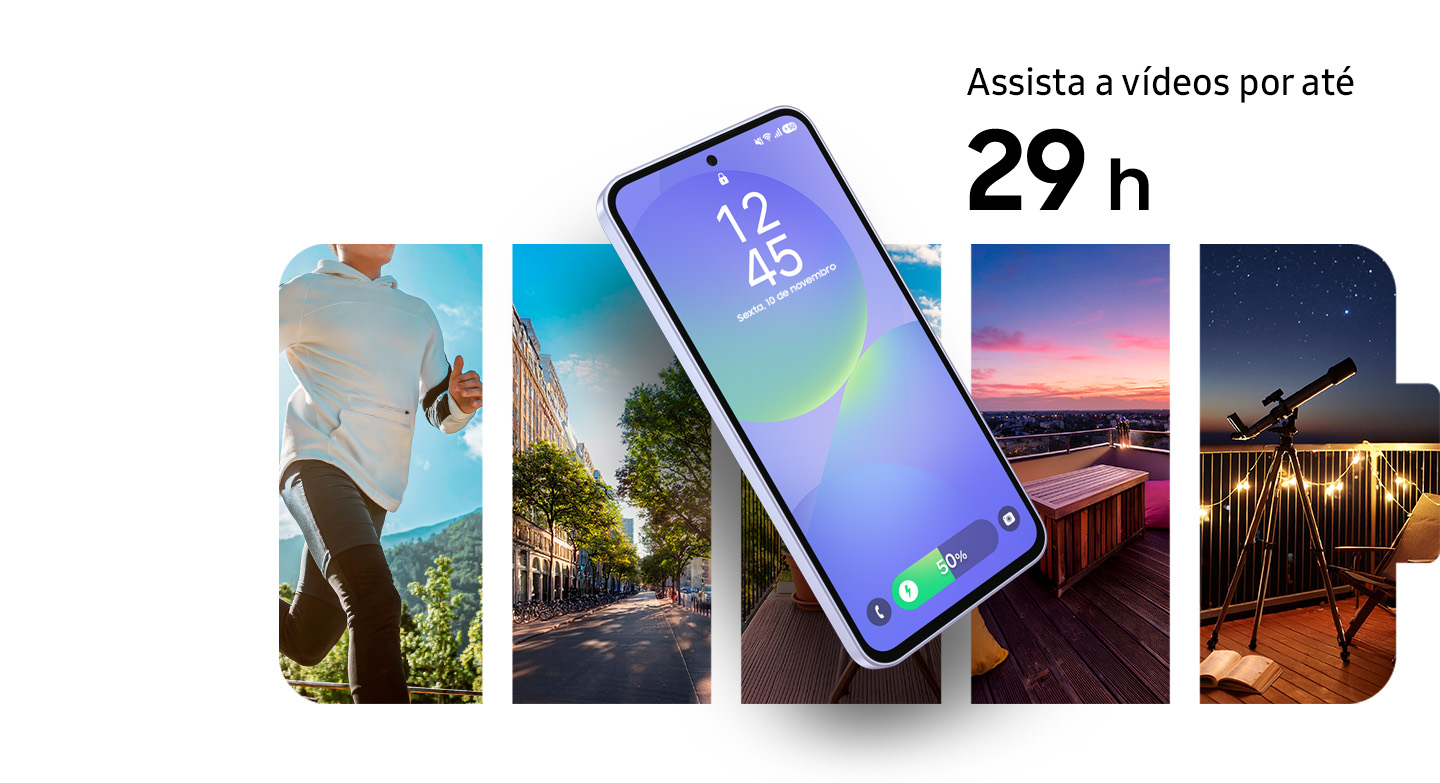 Vemos um Galaxy A36 5G com a tela de bloqueio vis&iacute;vel. No fundo, uma pessoa correndo, uma paisagem urbana, um terra&ccedil;o ao p&ocirc;r do sol e um telesc&oacute;pio apontado para o c&eacute;u noturno. Texto ""Assista a v&iacute;deos por at&eacute; 29 horas"" aparece no canto superior direito.