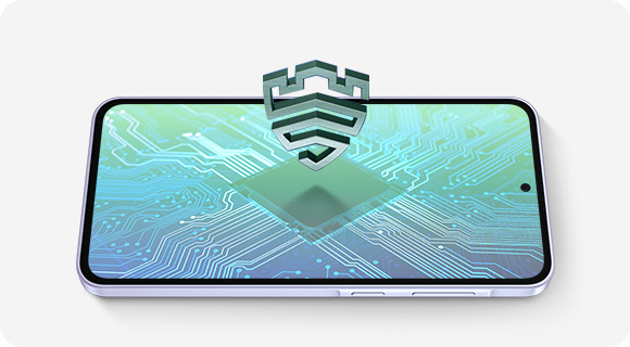 Vemos um Galaxy A36 5G posicionado horizontalmente. A tela exibe o interior de um smartphone com um processador no centro. Acima, o logotipo do Samsung Knox Vault na vertical.