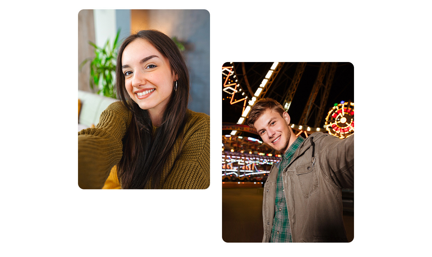 Vemos uma selfie de uma mulher em ambiente interno e uma selfie de um homem ao ar livre &agrave; noite. Vemos uma mulher sentada dentro de casa, lendo perto de uma janela. Uma linha divide a tela ao meio, comparando uma foto em baixa luz, &agrave; esquerda, com uma foto em alta luz, &agrave; direita.