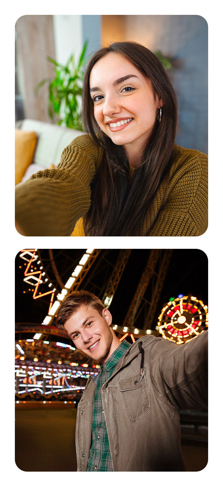 Vemos uma selfie de uma mulher em ambiente interno e uma selfie de um homem ao ar livre &agrave; noite. Vemos uma mulher sentada dentro de casa, lendo perto de uma janela. Uma linha divide a tela ao meio, comparando uma foto em baixa luz, &agrave; esquerda, com uma foto em alta luz, &agrave; direita.