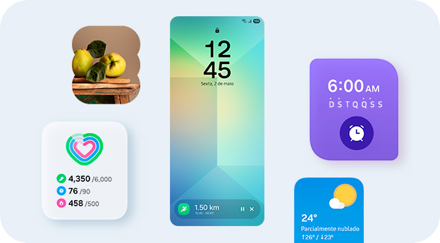 Vemos uma tela de bloqueio de smartphone exibindo o Rastreador de Corrida no Samsung Health, na Now Bar, na parte inferior da tela, com widgets de Galeria, Atividade Di&aacute;ria, Alarme e Clima ao redor. 