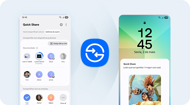 O smartphone &agrave; esquerda exibe uma lista de arquivos e contatos dispon&iacute;veis para compartilhamento, enquanto o da direita mostra uma notifica&ccedil;&atilde;o de transfer&ecirc;ncia por meio do Quick Share, com uma pr&eacute;via das imagens compartilhadas e o &iacute;cone do Quick Share ao centro.
